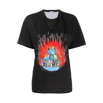(Women) MIU MIU Black Cat Flame Print Short Sleeve T-Shirt MJN1451-UE9-F0002