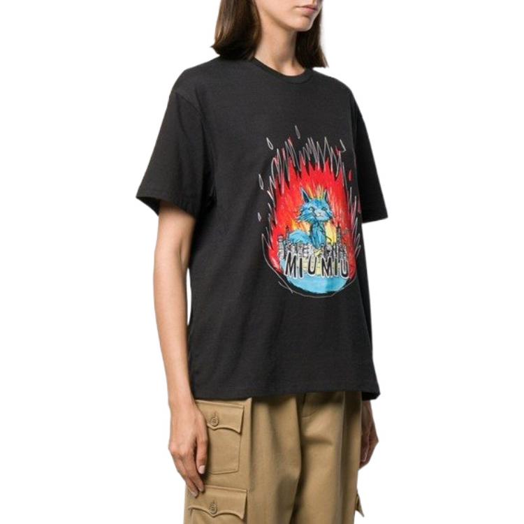 Purchase (W) MIU MIU 黑猫火焰印花短袖T恤 MJN1451-UE9-F0002