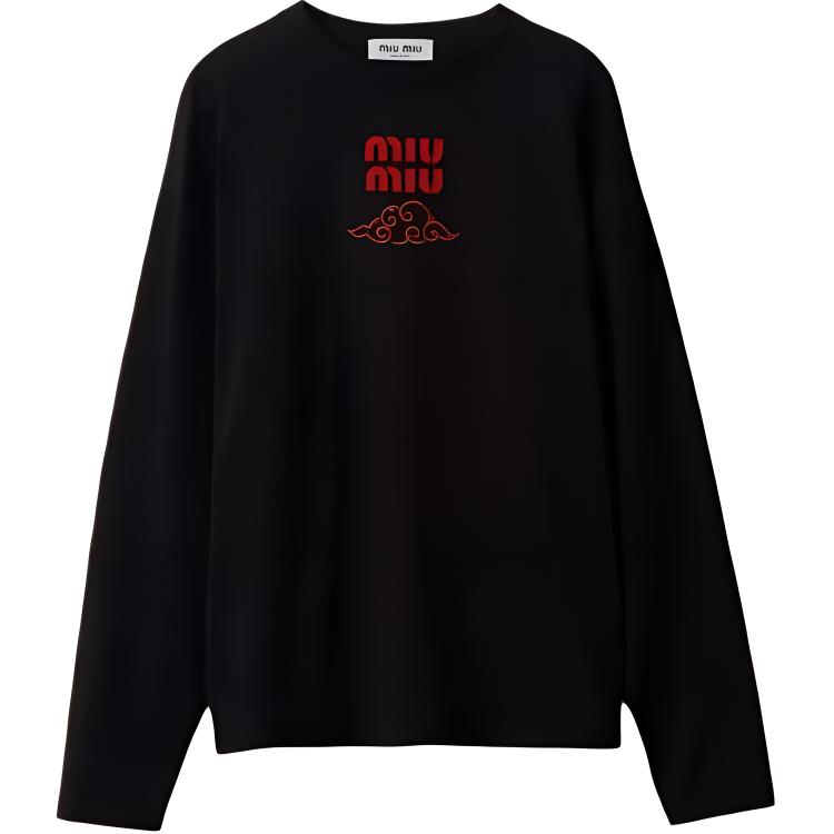 (Women) MIU MIU  Black Cotton Jersey Letter Print Long-Sleeve Sweatshirt. MJL862-14ER-F0002-S-WMO