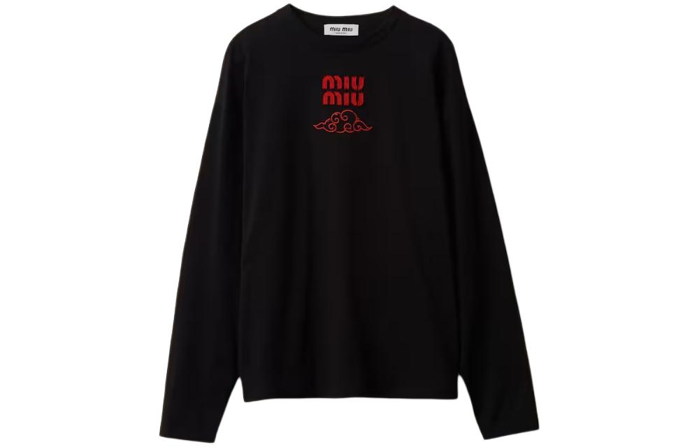 Order (W) Sudadera de algodón negro MIU MIU con estampado de letras y manga larga. MJL862-14ER-F0002-S-WMO
