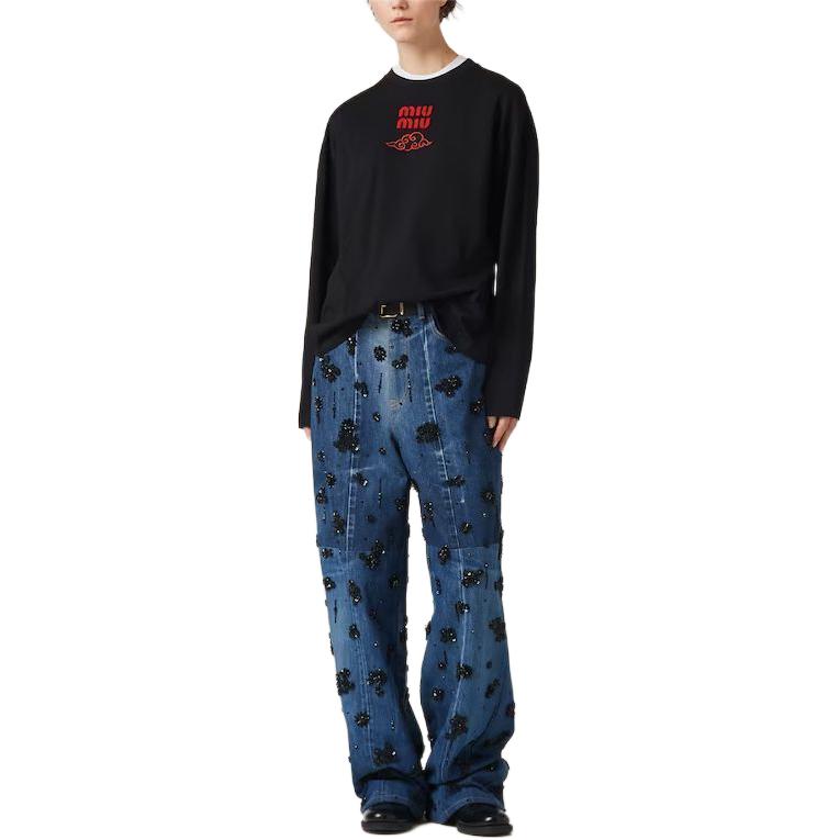 Lookbook (W) Sudadera de algodón negro MIU MIU con estampado de letras y manga larga. MJL862-14ER-F0002-S-WMO