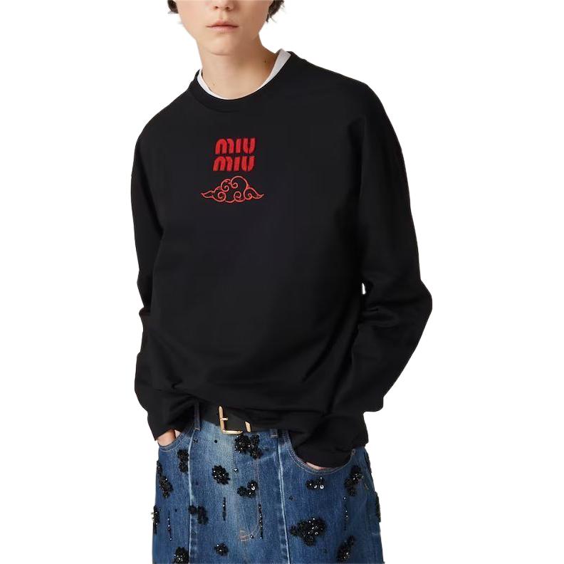 Purchase (W) Sudadera de algodón negro MIU MIU con estampado de letras y manga larga. MJL862-14ER-F0002-S-WMO