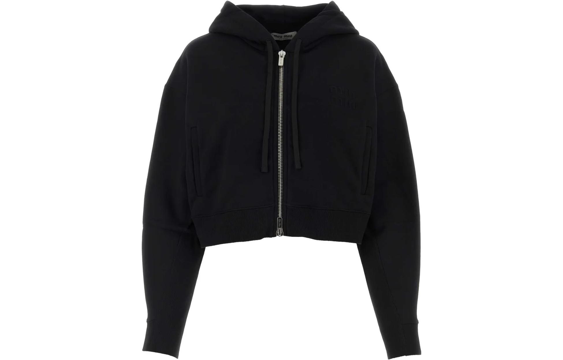 (Women) MIU MIU  Black Cotton Zip-Up Hoodie Long Sleeve Short Jacket. MJL954-S23-213FV