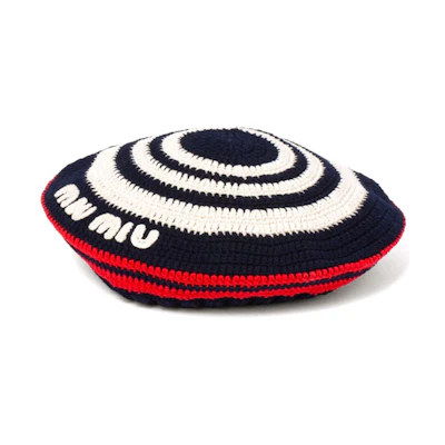 (Women) MIU MIU Black Crochet Knit Cotton Beret Hat. 5HC3452CQN