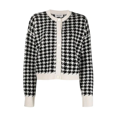 (Women) MIU MIU Black Houndstooth Knit Cardigan Long Sleeve Casual Sweater. MMF651-11UX-F0964