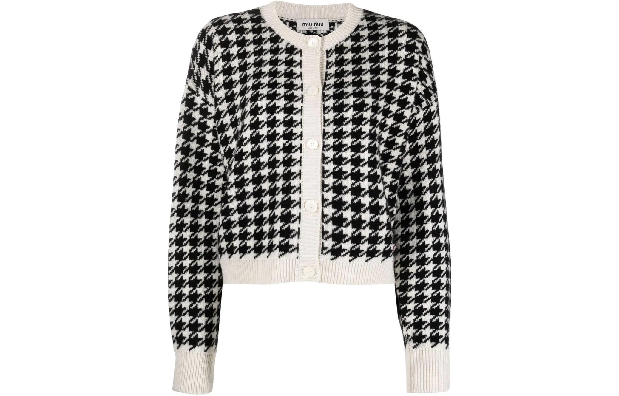 Order (Women) MIU MIU  Black Houndstooth Knit Cardigan Long Sleeve Casual Sweater. MMF651-11UX-F0964