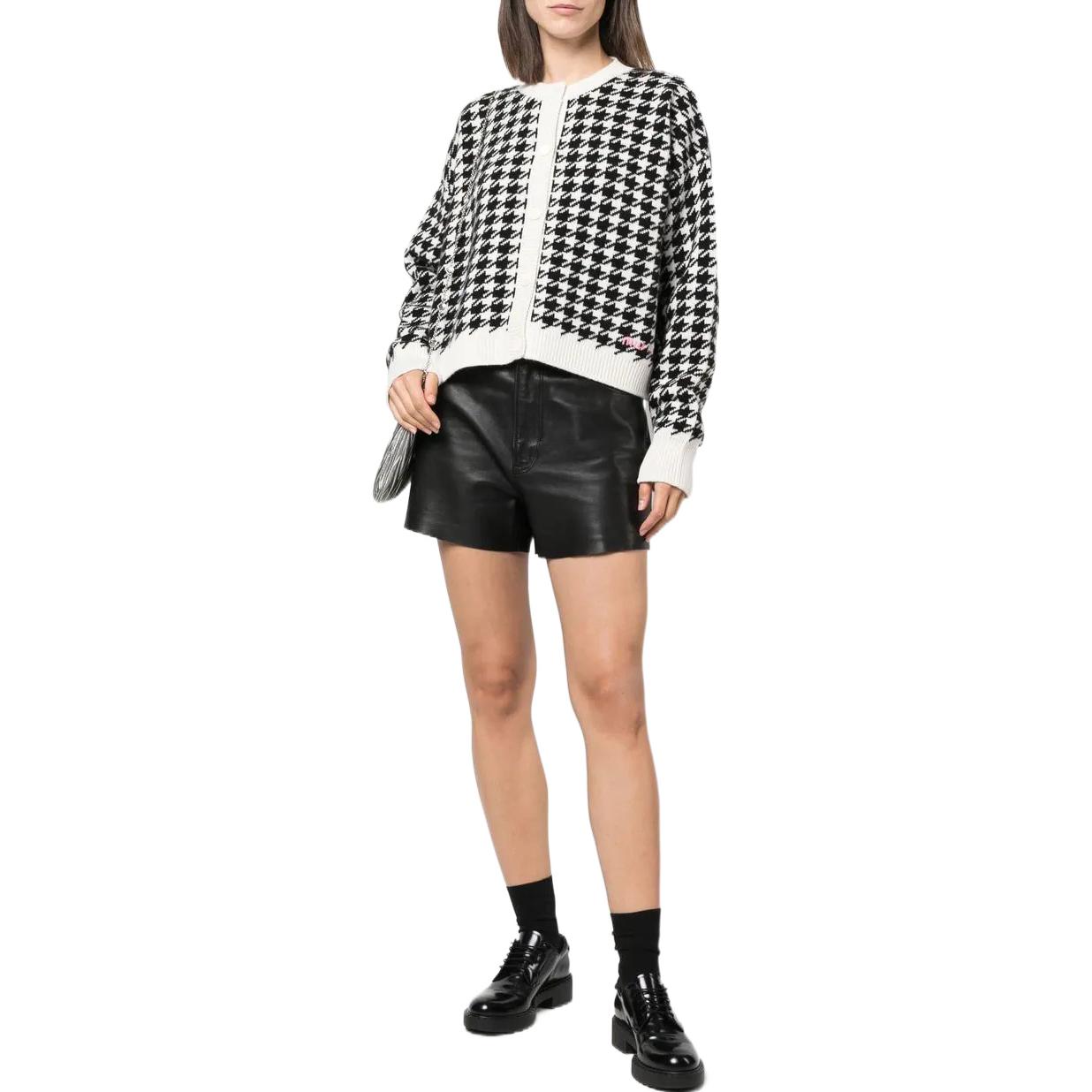 Lookbook (Women) MIU MIU  Black Houndstooth Knit Cardigan Long Sleeve Casual Sweater. MMF651-11UX-F0964