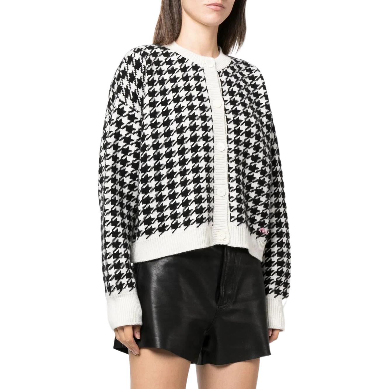 Purchase (Women) MIU MIU  Black Houndstooth Knit Cardigan Long Sleeve Casual Sweater. MMF651-11UX-F0964