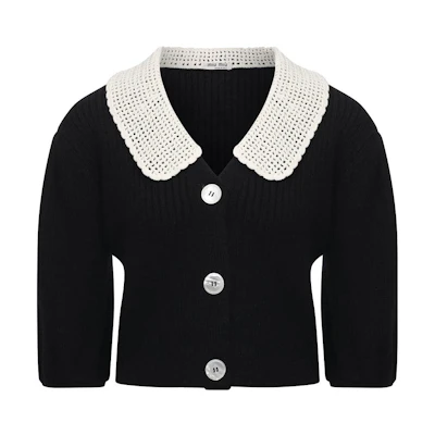 (Women) MIU MIU Black Knit Short Sleeve Cardigan with Contrast Collar. MMF487-1Y4L-F0002