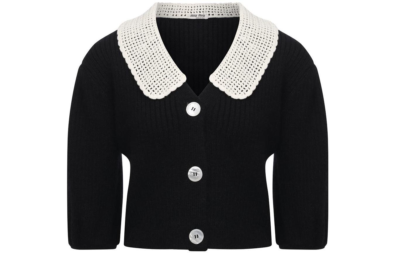 Order (W) MIU MIU Hitam Kardigan Lengan Pendek Knit dengan Kolar Kontras. MMF487-1Y4L-F0002