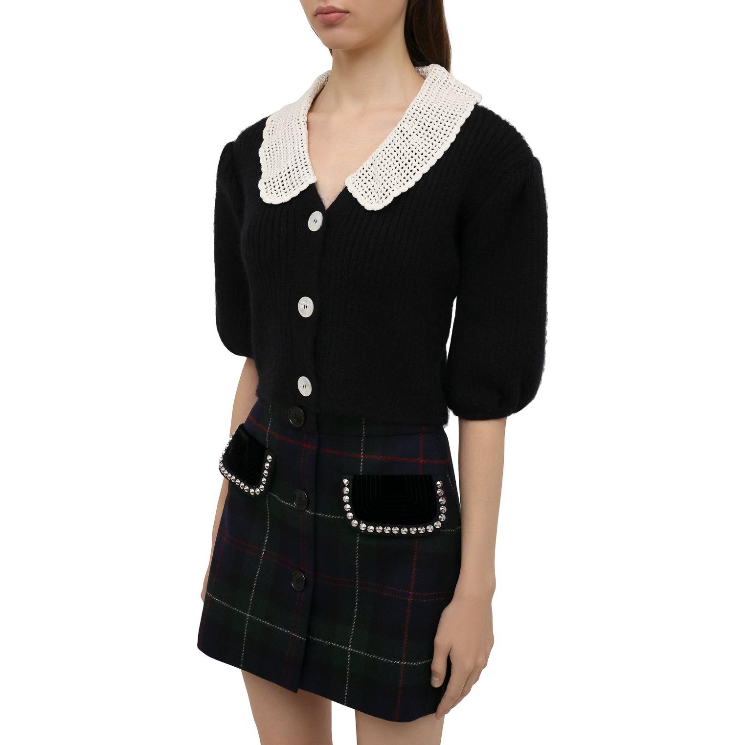 Purchase (W) MIU MIU Hitam Kardigan Lengan Pendek Knit dengan Kolar Kontras. MMF487-1Y4L-F0002