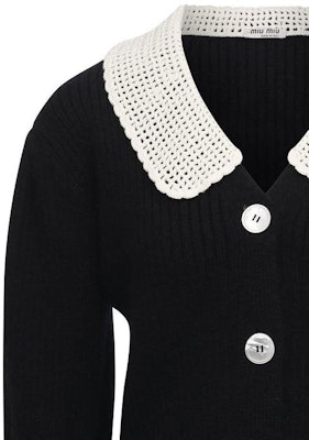 (W) MIU MIU Hitam Kardigan Lengan Pendek Knit dengan Kolar Kontras. MMF487-1Y4L-F0002 Details for (W) MIU MIU Hitam Kardigan Lengan Pendek Knit dengan Kolar Kontras. MMF487-1Y4L-F0002
