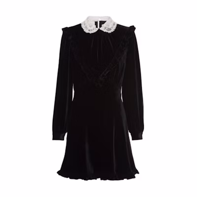 (Women) Miu Miu Black Lace Patchwork Long-Sleeve Straight Dress. MF4645-10BA-F0002