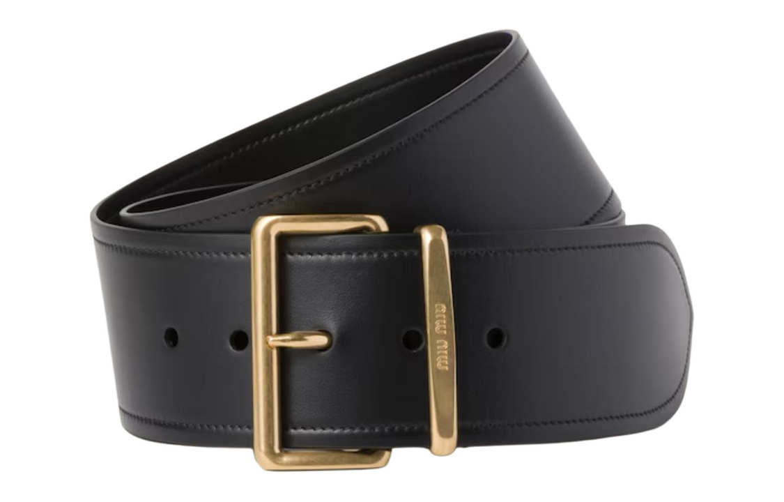 (Women) MIU MIU  Black Leather Belt with Engraved Logo Buckle, 6cm Wide. 5CC589_2E6Y_F0002