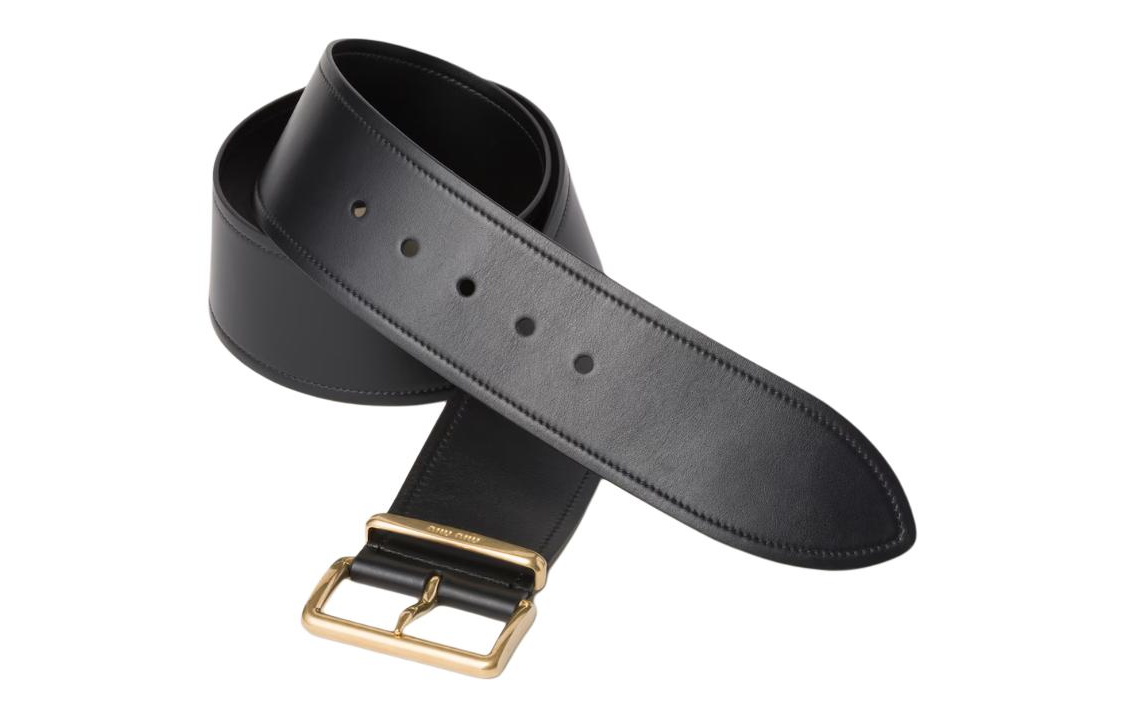 Shop (Women) MIU MIU  Black Leather Belt with Engraved Logo Buckle, 6cm Wide. 5CC589_2E6Y_F0002