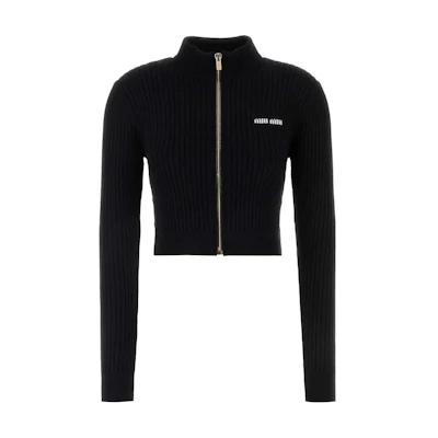 (Women) MIU MIU Black Logo Patch Cropped Knit Long Sleeve Top MMF767-12Y8-F0002