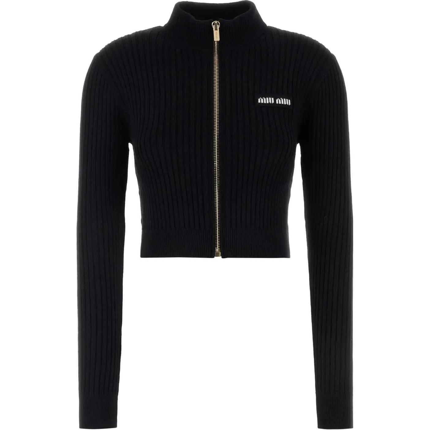 Order (Women) MIU MIU  Black Logo Patch Cropped Knit Long Sleeve Top MMF767-12Y8-F0002