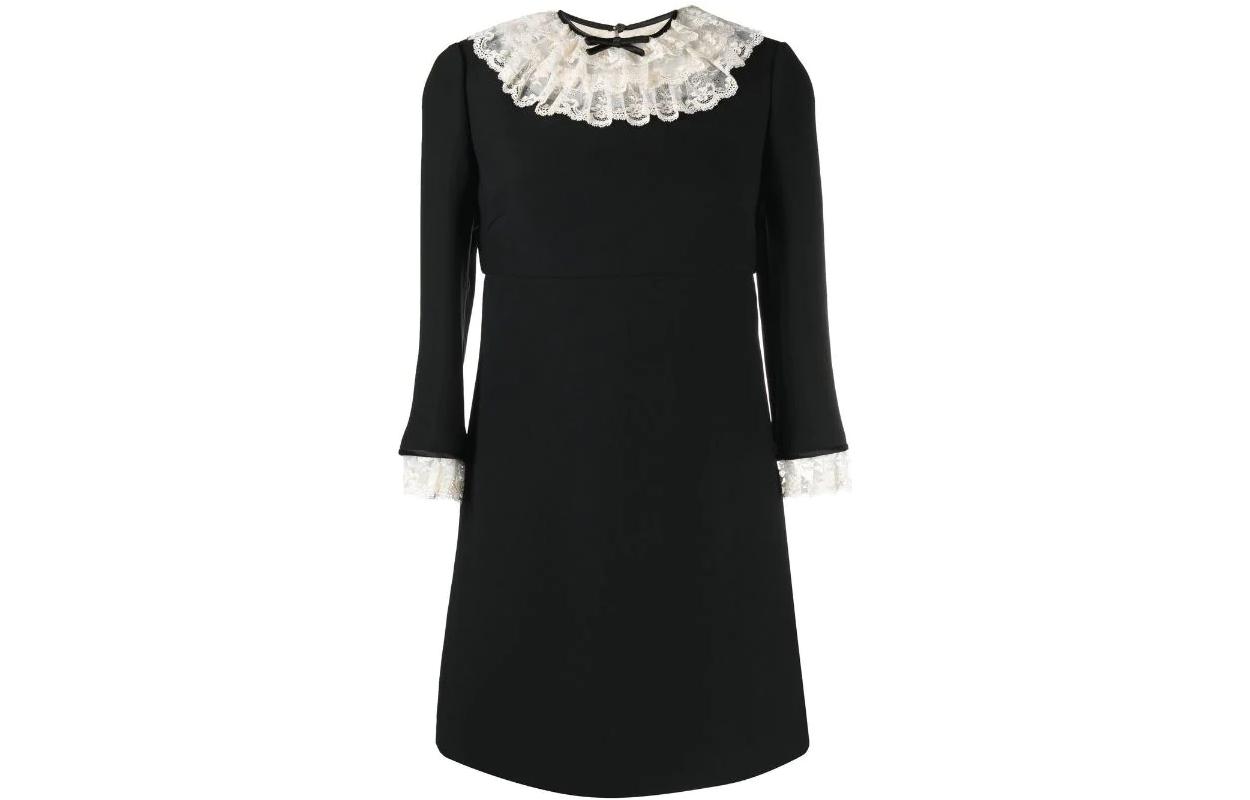 Order (W) MIU MIU 黑色长袖连衣裙配蕾丝领口 MF4655101R-F0002