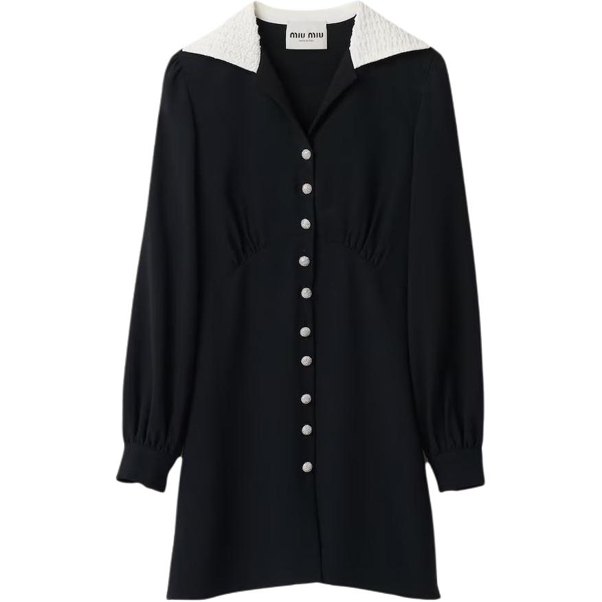 (Women) MIU MIU  Black Long Sleeve Short Shirt Dress with Lapel Collar. MF5205-S2Y-F0002-S-OOO