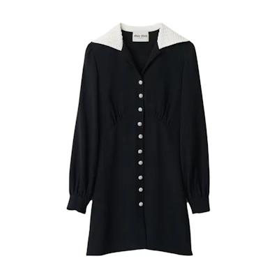 (Women) MIU MIU Black Long Sleeve Short Shirt Dress with Lapel Collar. MF5205-S2Y-F0002-S-OOO
