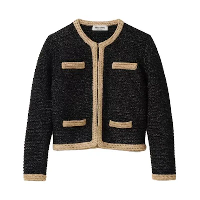 (Women) MIU MIU Black Metallic Crochet Knit Cardigan Sweater MMF842-1386-F0002-S-OOO
