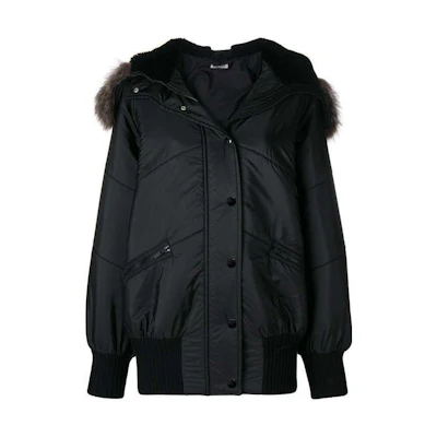(Women) MIU MIU Black Parka with Fur Collar and Back Panel Design. ML500-1PTQ-F0002