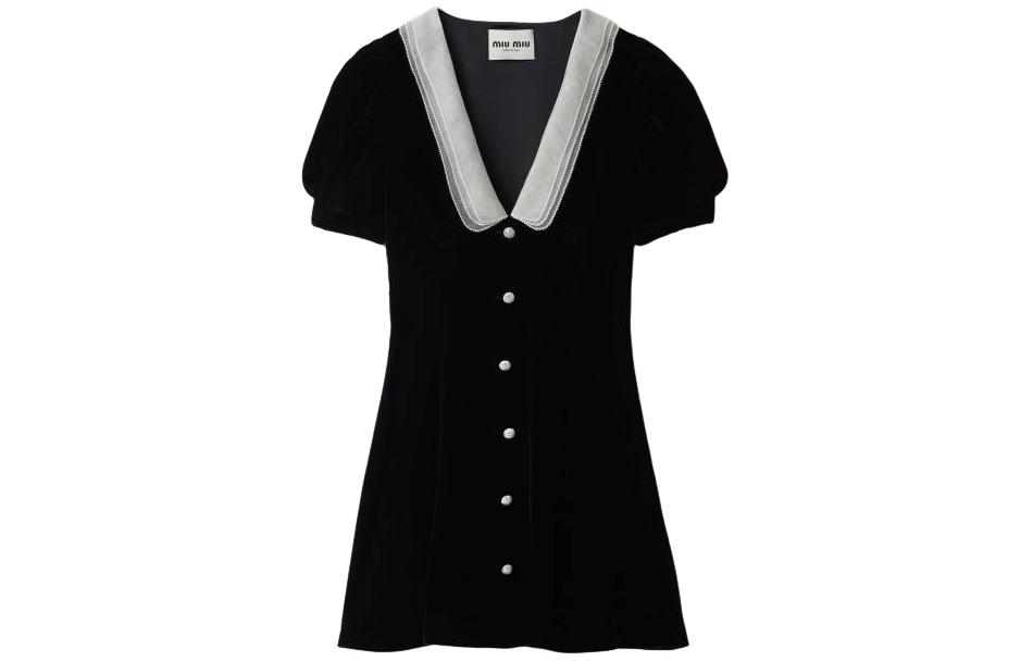 (Women) MIU MIU  Black Short-Sleeve V-Neck Fitted Mini Dress. MF5217-10BA-F0002-S-OOO