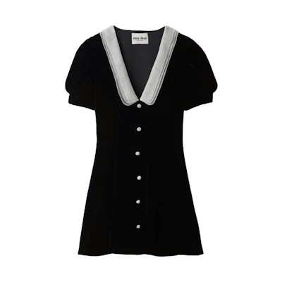 (Women) MIU MIU Black Short-Sleeve V-Neck Fitted Mini Dress. MF5217-10BA-F0002-S-OOO