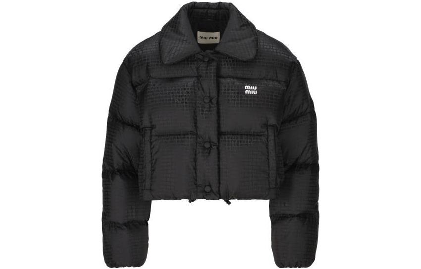 (Women) MIU MIU  Black Short Logo Print Puffer Jacket with Collar. ML719-13FO-F0002