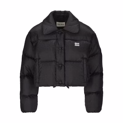 (Women) MIU MIU Black Short Logo Print Puffer Jacket with Collar. ML719-13FO-F0002