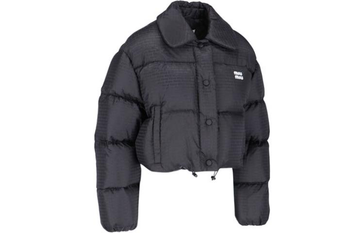 Shop (Women) MIU MIU  Black Short Logo Print Puffer Jacket with Collar. ML719-13FO-F0002