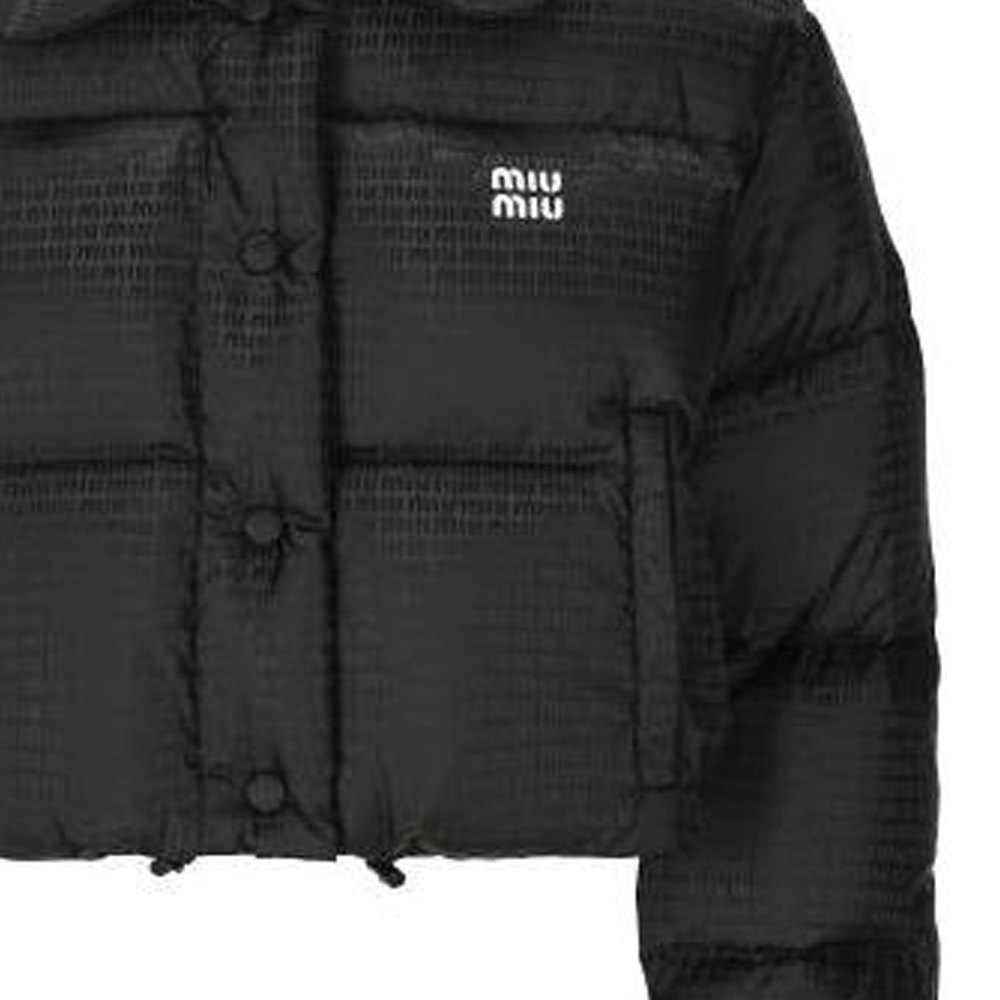 Purchase (Women) MIU MIU  Black Short Logo Print Puffer Jacket with Collar. ML719-13FO-F0002