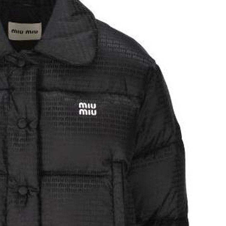 Sizing (Women) MIU MIU  Black Short Logo Print Puffer Jacket with Collar. ML719-13FO-F0002