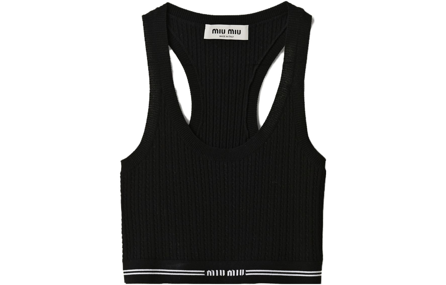 Order (W) MIU MIU Tank Top Hitam Slim-Fit Tanpa Lengan dengan Logo Cetakan. MMV095-1U7Q-F0002-S-232
