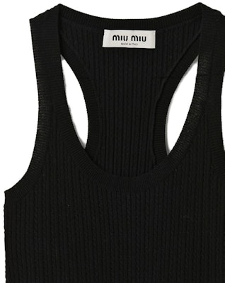(W) MIU MIU Tank Top Hitam Slim-Fit Tanpa Lengan dengan Logo Cetakan. MMV095-1U7Q-F0002-S-232 Details for (W) MIU MIU Tank Top Hitam Slim-Fit Tanpa Lengan dengan Logo Cetakan. MMV095-1U7Q-F0002-S-232