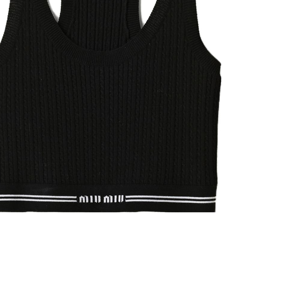 Sizing (W) MIU MIU Tank Top Hitam Slim-Fit Tanpa Lengan dengan Logo Cetakan. MMV095-1U7Q-F0002-S-232