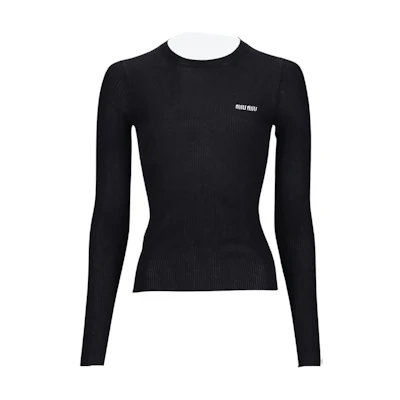 (Women) MIU MIU Black Slim-Fit Crewneck Long-Sleeve Sweater with Print. MML821-13KV-F0002