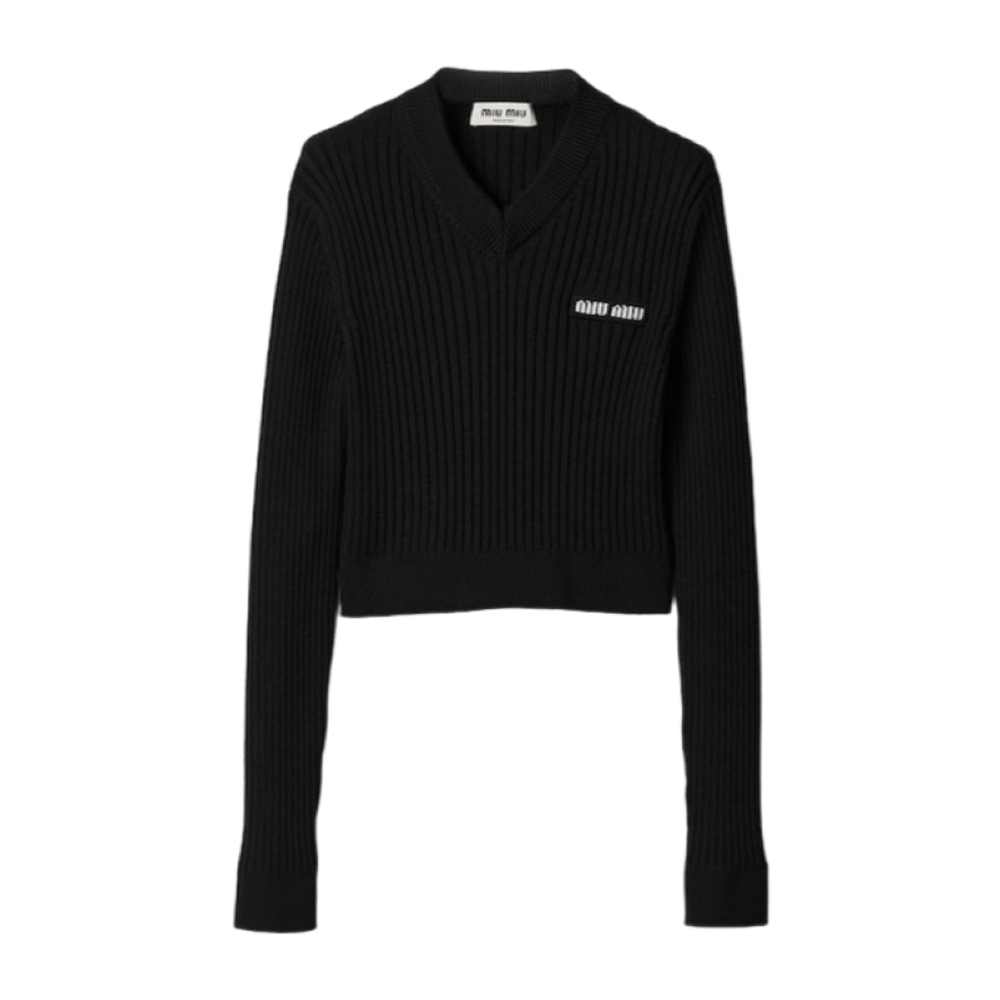 Order (W) MIU MIU 黑色V领logo图案长袖针织衫 SS24. MML832-12Y8-F0002-S-232