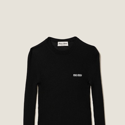 (W) MIU MIU 黑色V领logo图案长袖针织衫 SS24. MML832-12Y8-F0002-S-232 Cheap (W) MIU MIU 黑色V领logo图案长袖针织衫 SS24. MML832-12Y8-F0002-S-232