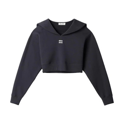 (Women) MIU MIU Blue Cropped Sweatshirt with Embroidered Logo. MJL994-14ET-F0008-S-OOO