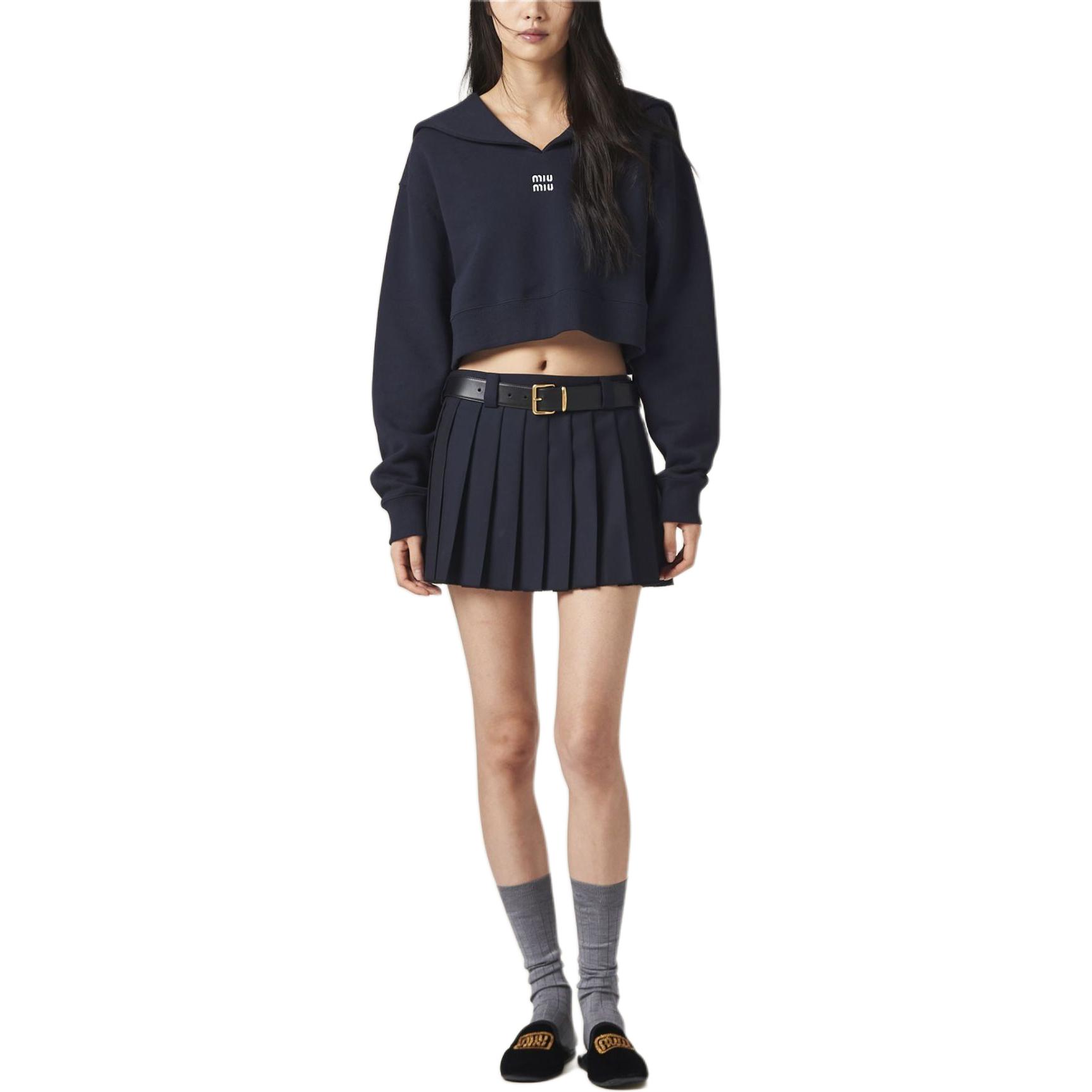 Lookbook (Women) MIU MIU  Blue Cropped Sweatshirt with Embroidered Logo. MJL994-14ET-F0008-S-OOO