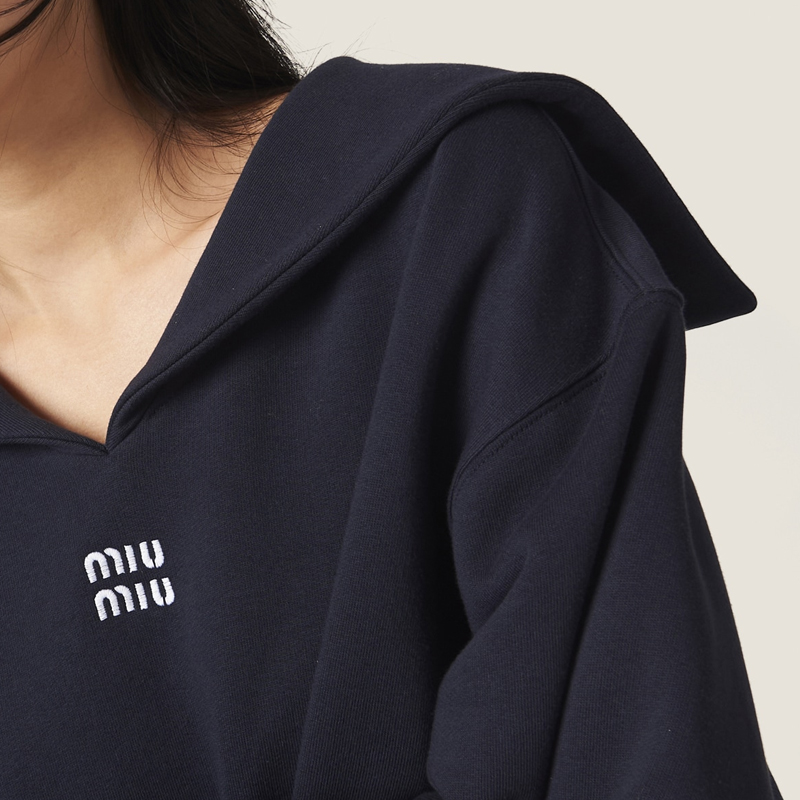 Details for (Women) MIU MIU  Blue Cropped Sweatshirt with Embroidered Logo. MJL994-14ET-F0008-S-OOO
