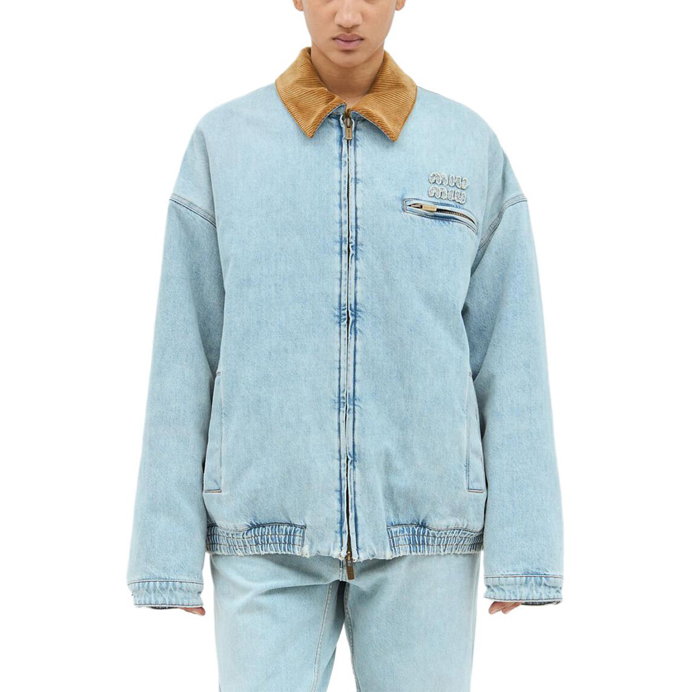 Shop (Women) MIU MIU  Blue Denim Jacket with Zipper and Lapel Design. GWB221-15Q1-F0013-S-OOO