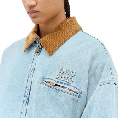(Women) MIU MIU Blue Denim Jacket with Zipper and Lapel Design. GWB221-15Q1-F0013-S-OOO Cheap (Women) MIU MIU Blue Denim Jacket with Zipper and Lapel Design. GWB221-15Q1-F0013-S-OOO