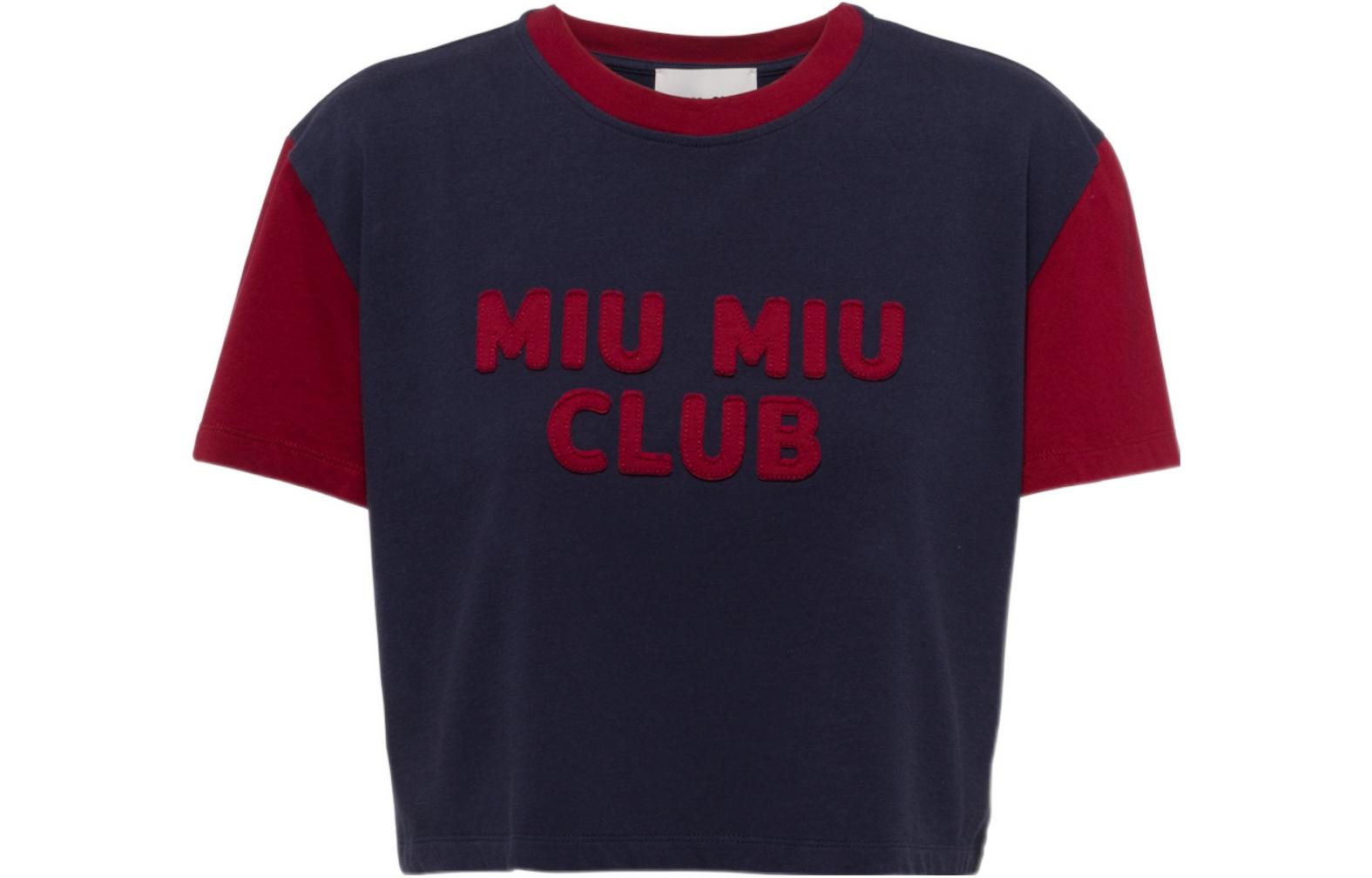 (Women) MIU MIU  Blue Embroidered Letter Print Cropped Short Sleeve Top. MJN421-115L-F041L