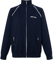 (Women) MIU MIU Blue High Neck Logo Embroidery Zip Jacket Sweater. MMF881-148O-F0008-S-OOO (Women) MIU MIU Blue High Neck Logo Embroidery Zip Jacket Sweater. MMF881-148O-F0008-S-OOO