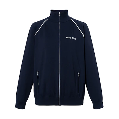 (Women) MIU MIU Blue High Neck Logo Embroidery Zip Jacket Sweater. MMF881-148O-F0008-S-OOO
