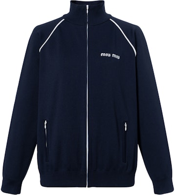 (Women) MIU MIU Blue High Neck Logo Embroidery Zip Jacket Sweater. MMF881-148O-F0008-S-OOO Order (Women) MIU MIU Blue High Neck Logo Embroidery Zip Jacket Sweater. MMF881-148O-F0008-S-OOO