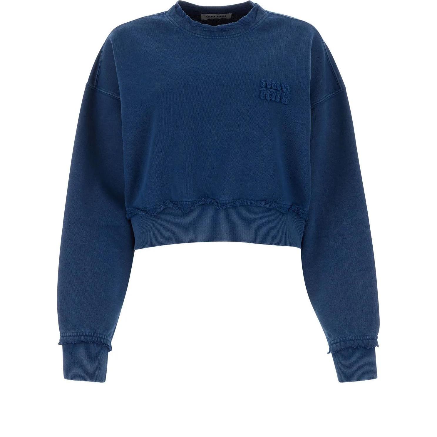 (Women) MIU MIU  Blue Letter Logo Cropped Pullover Sweatshirt Long Sleeve. MJL911-15AT-F0008
