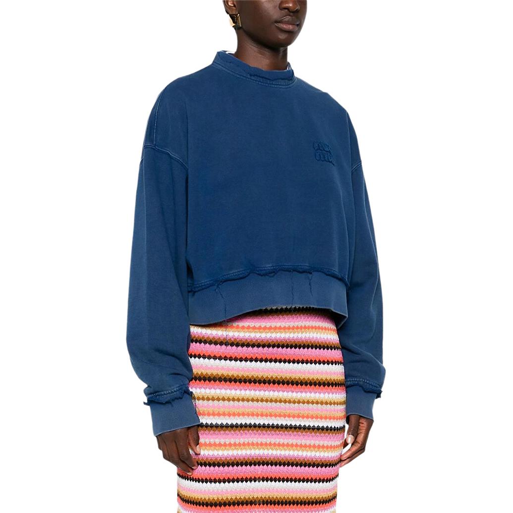 Details for (W) MIU MIU Biru Logo Letter Sweatshirt Lengan Panjang Cropped Pullover. MJL911-15AT-F0008